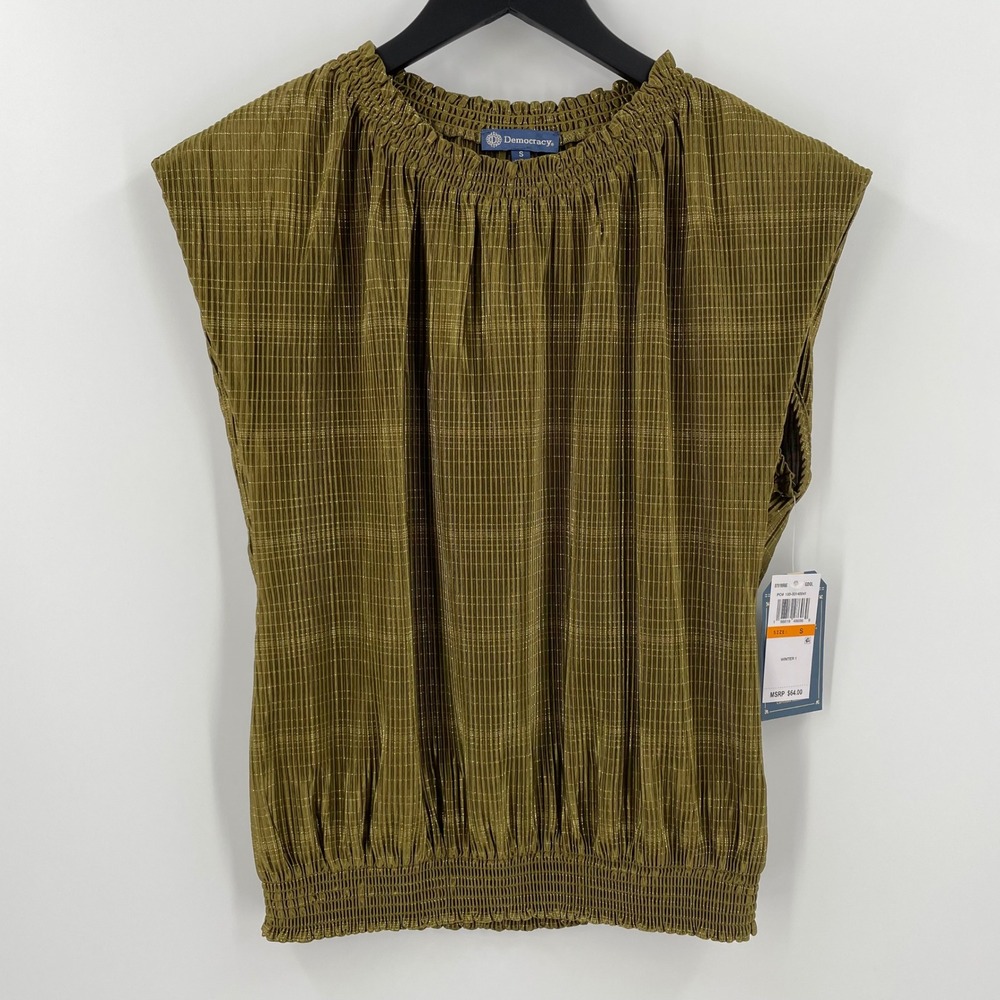 Democracy Metallic Plaid Smocked Blouse Olive Gold Cap Sleeve NWT Small - Picture 2 of 9